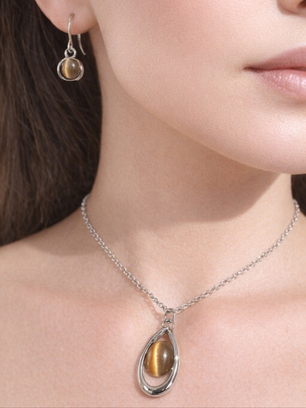 Silver Brown Stone Hoop Pendant Necklace & Earrings Set - Women Fashion Jewelry